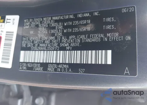 2020 Toyota Highlander Xle из США, поврежденный, VIN 5TDGZRAHXLS509172